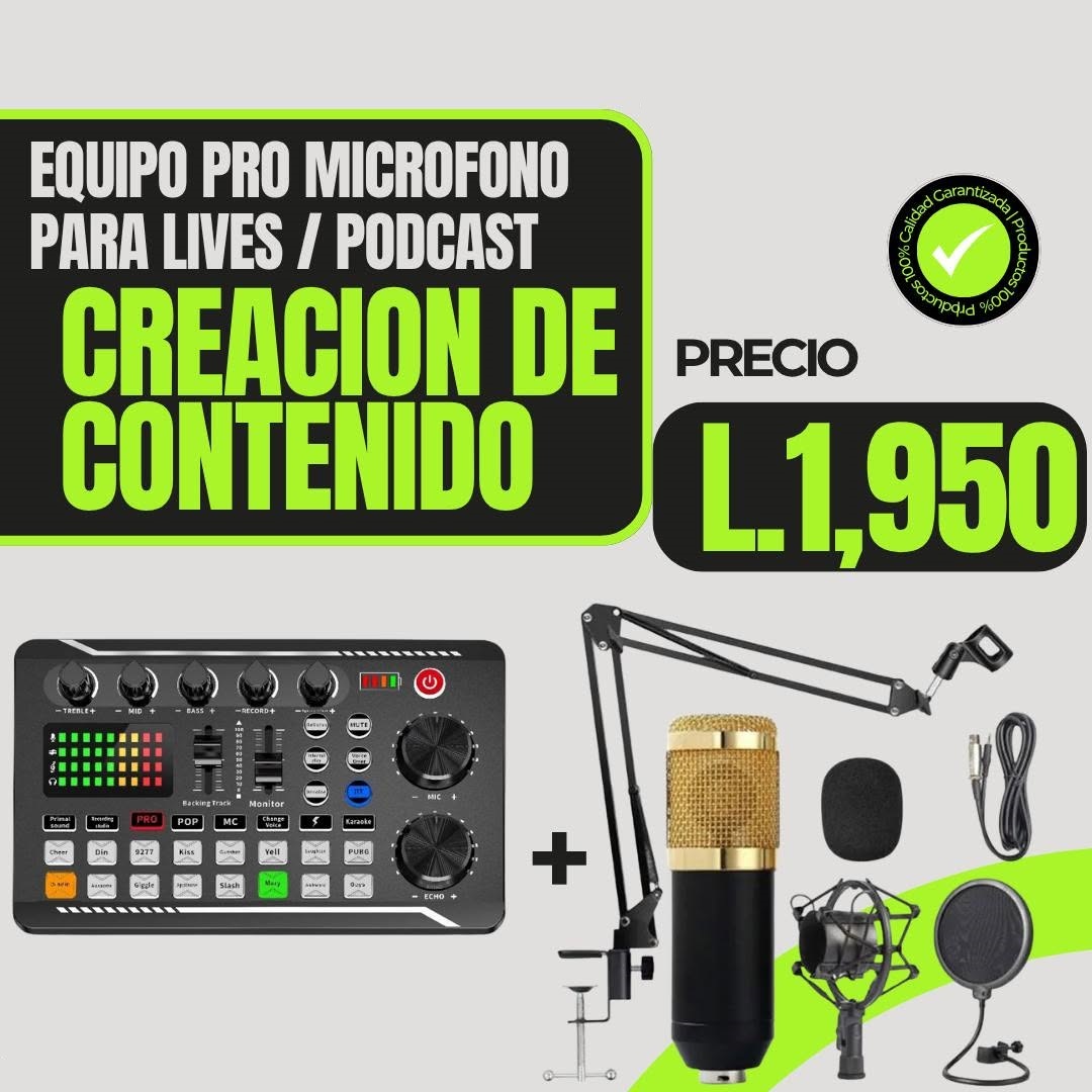 Anuncio de micrófono con soporte y consola compacta de efectos; precio de referencia L 1,950
